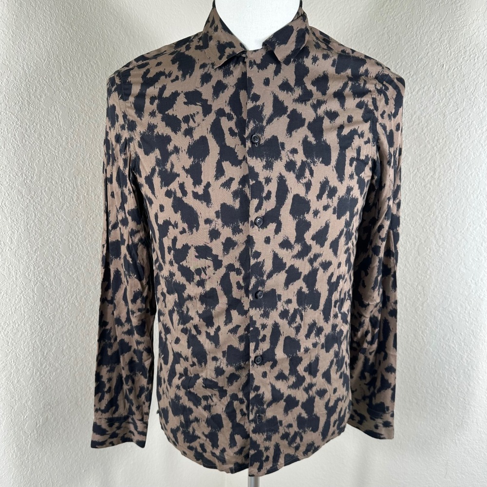 AllSaints Button Down Mens XS Brown Leopard Print Raymontauld LS Shirt Rocker